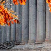 Red, sun-lit leaves foreground massive stone pillars on a court building