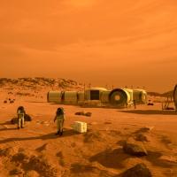 Illustration: red sky and land, people in space suits, modular buildings