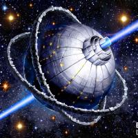 A metal sphere surrounded by two metal rings with a laser beam shooting in both directions from the middle with the stars in the background.