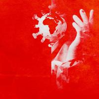 Illustration in bright red of Earth and a doctor's gloved hand