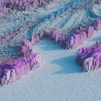 Digital image of purple building-like shapes emerging from a blue floor