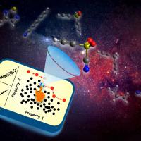 An artist's rendition of two hands pressing a screen, generating molecules floating into outerspace