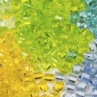 tiny beads in yellow, green and blue