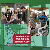 Montage of photos of people conversing with computer parts nearby