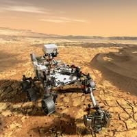 Illustration of a six-wheeled machine on dry, red terrain
