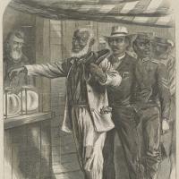  &quot;The first vote&quot; / AW [monogram] ; drawn by A.R. Waud. African American men, in dress indicative of their professions, in a queue waiting their turn to vote.
