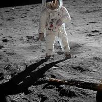 Buzz Aldrin in a spacesuit on the Moon