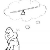 Homework illustration by M. Jenae Lowe of Archimedes sitting with chin on hand and imagining a fulcrum