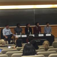  Four student panelists talking about their internship experiences 