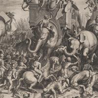  Painting of ancient battle with soldiers on elephants attacking soldiers on foot