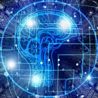  artificial intelligence graphic with brain,  lights and circuits