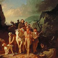 Daniel Boone holding rifle and leading a mounted party of settlers