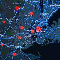 Dark map of New York, red data points