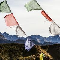 Colorful flags with mountains in the background