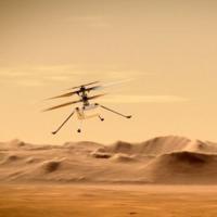 Drawing of a small helicoptor flying through an orange landscape