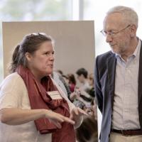  Kelly Zamudio, left, Goldwin Smith Professor of Ecology and Evolutionary Biology, and Provost Michael Kotlikoff chat at the Provost’s Seminar on Teaching and Learning April 18 at the Statler Hotel.