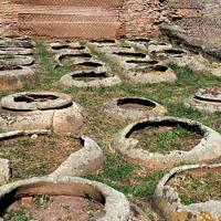 Lines of giant ceramic jars sunken into the earth