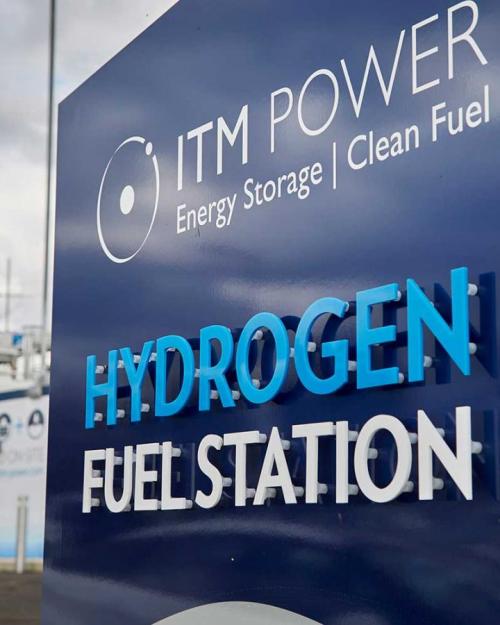 Blue sign: "Hydrogen Fuel Station"