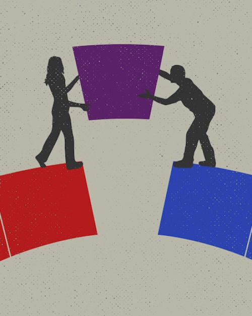 Illustration: two figures set a purple key stone into a red and blue arch