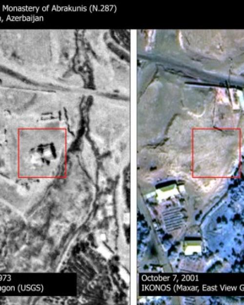 Side-by-side satellite images showing a patch of ground