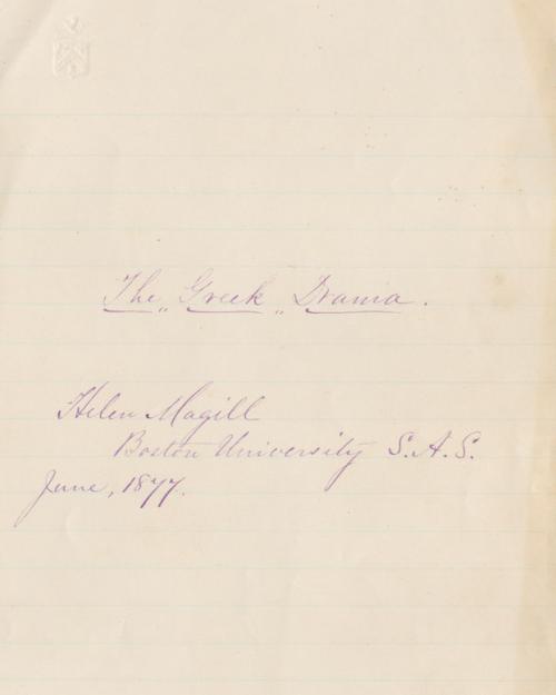 Historical document: Yellowed paper with elegant handwriting: "Helen Magill, Boston University, June 1877