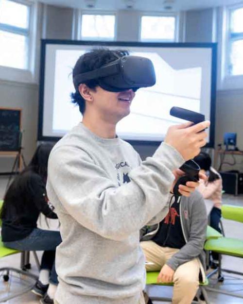 student wearing VR headset