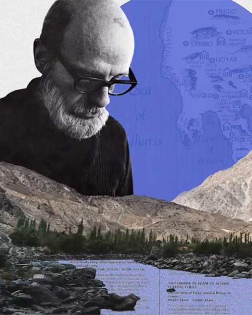 		Composit image of a man wearing glasses, a purple moon, a mountain, and a metal monument
	
