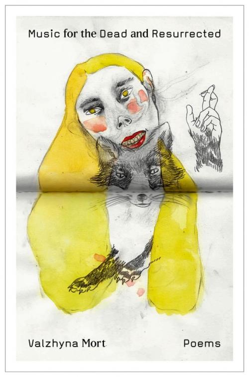 Artist's drawing of woman's face with yellow hair and a fox in front