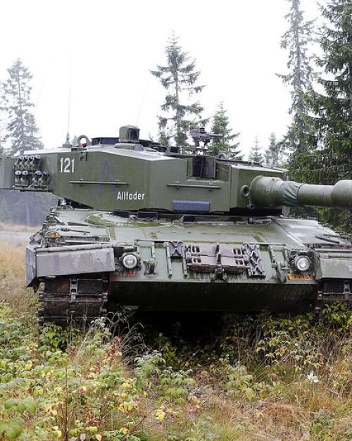 A military tank in a field with trees nearby