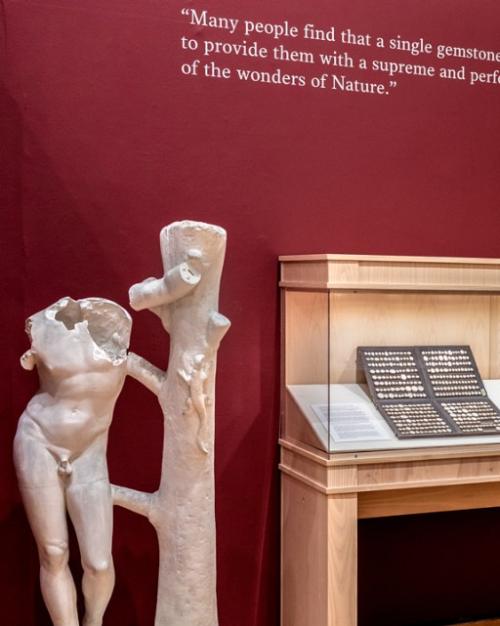 		Museum display of a nude sculpture, cases of objects and a quote on the wall
	
