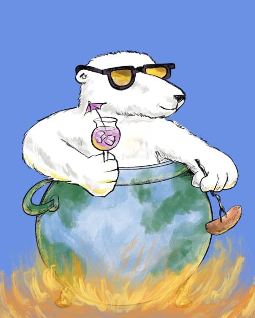 Illustration of a polar bear in a kettle, sipping a pink cocktail and roasting a weenie over a fire