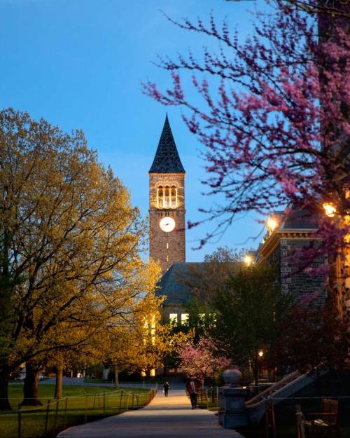 McGraw Tower during a spring evening