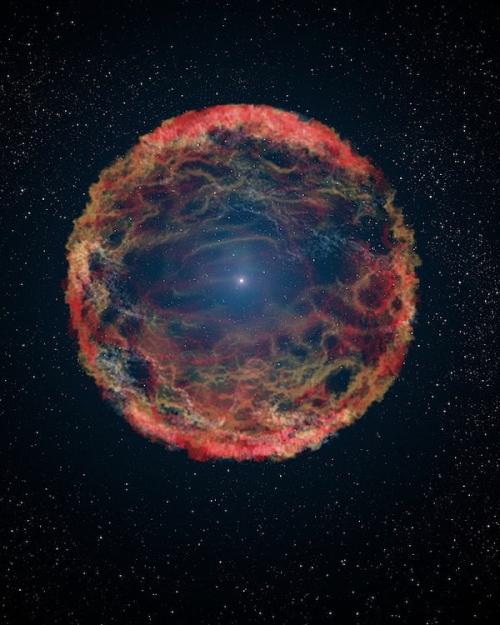 A fiery circle of orange, green and blue against a dark background of space