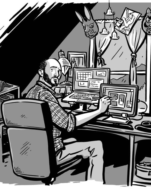 		comic of man sitting at desk
	