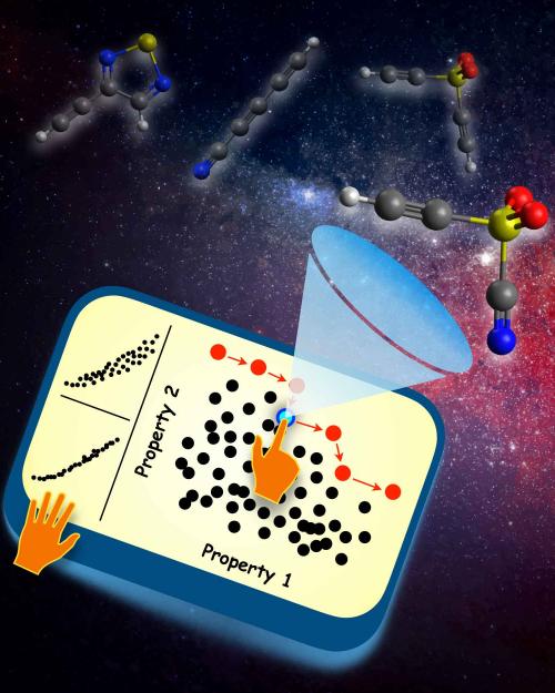 An artist's rendition of two hands pressing a screen, generating molecules floating into outerspace