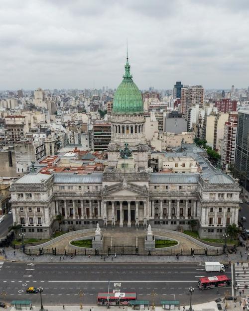 Congress building with wide porteco and green dome: Argentina