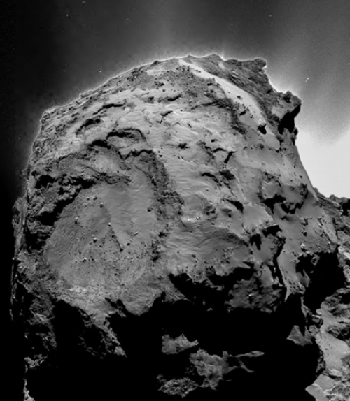 Black and white close up of Comet 67P