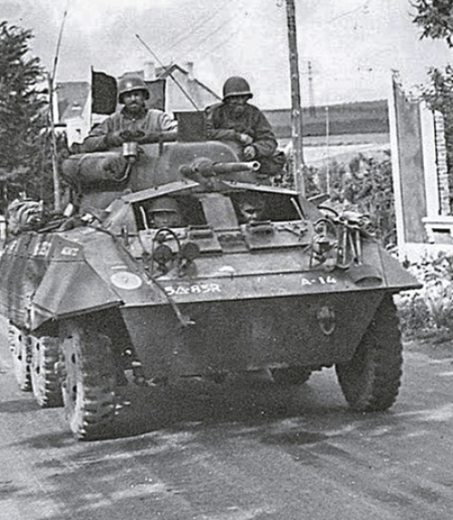 Tank on city street, black and white image