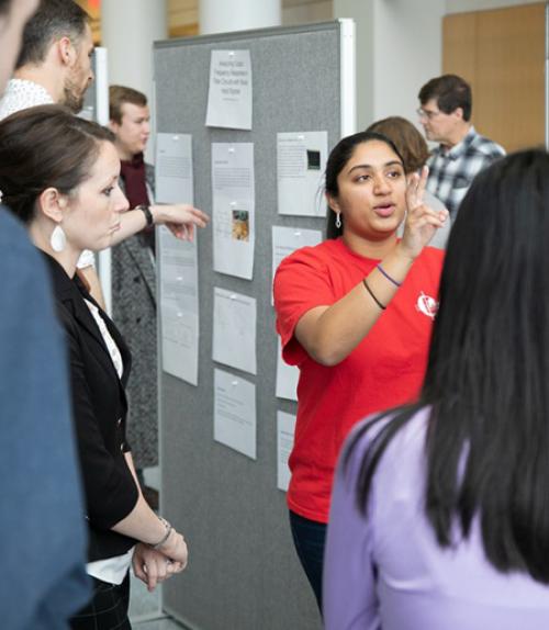 Swathi Chandrika ’21 explains her group’s project, building an experiment to predict the behavior of a mass on a spring when released at different positions and with different masses.