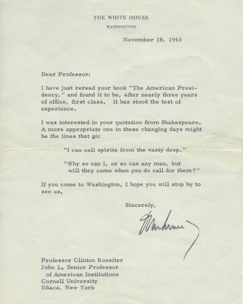  Letter from JFK to Clinton Rossiter &#039;39