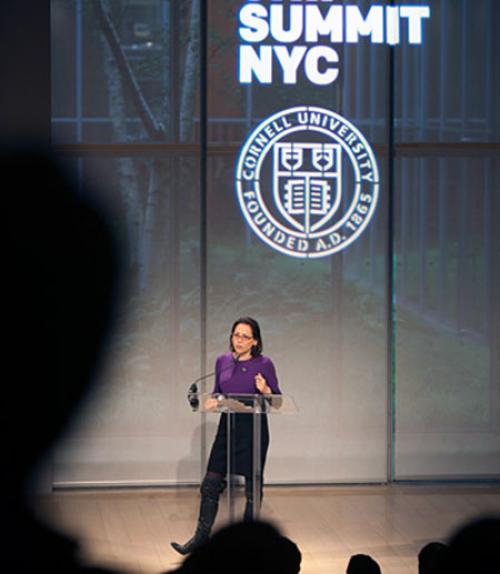  Kathy Savitt &#039;85 speaks to alumni, students, faculty and entrepreneurs in October at Entrepreneurship@Cornell&#039;s summit in New York City. Photo: Jason Koski/University Photography.