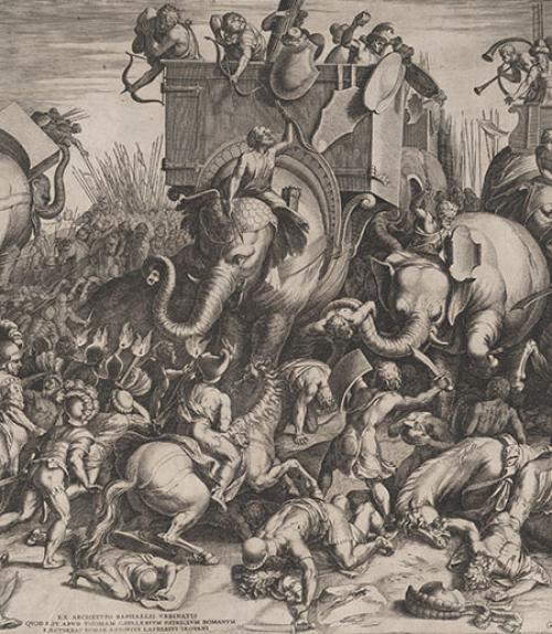  Painting of ancient battle with soldiers on elephants attacking soldiers on foot