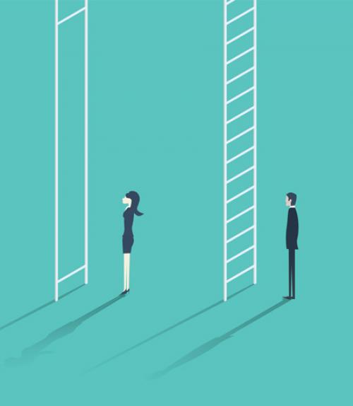 Illustration showing the ladders men and women have to climb in their careers. However, the women&#039;s ladder is impossible to climb.