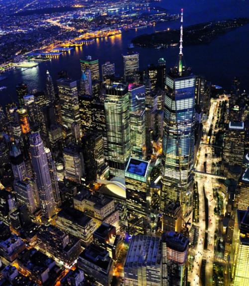 Arial view of NYC skyline at night