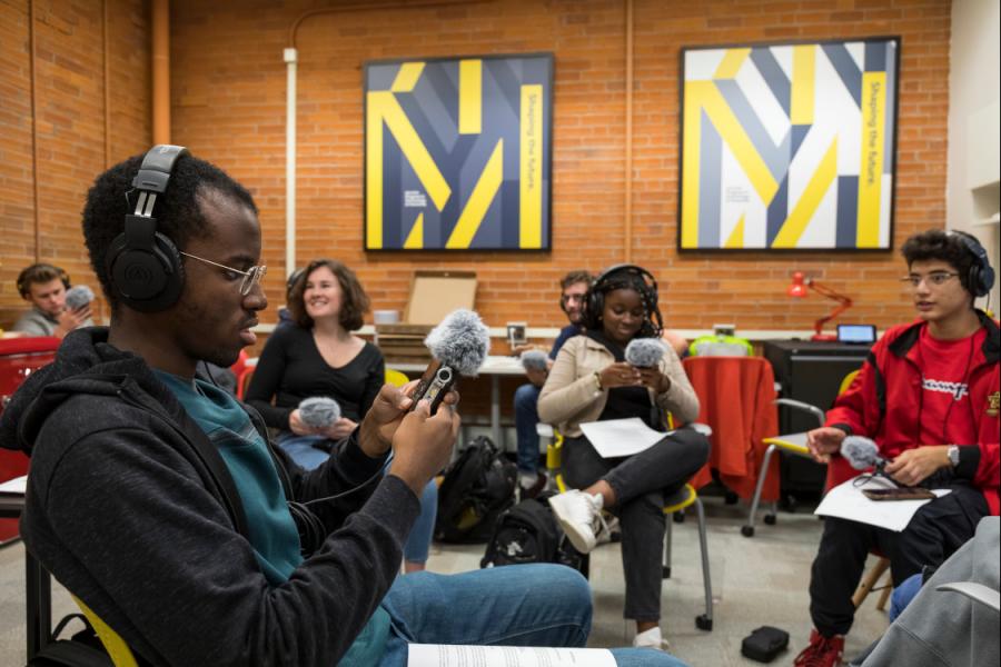 Students in the Milstein program learning audio recording techniques