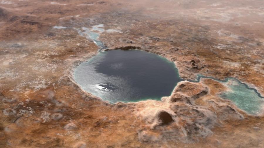 Crater lake on a rocky planet surface