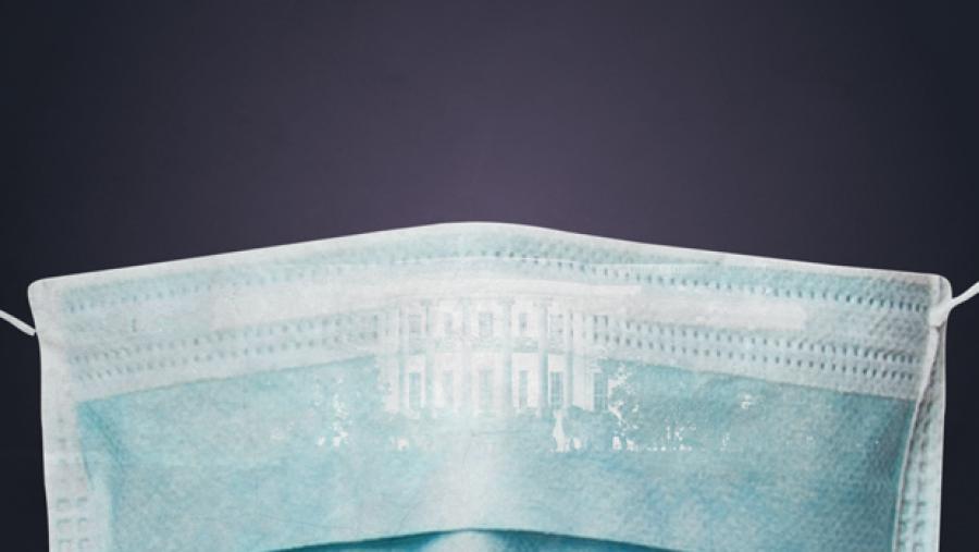 Illustration of a surgical mask overlaying the White House