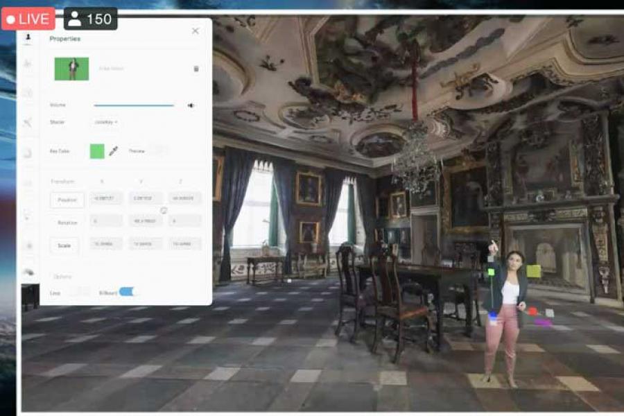 Digital image of a person in a grand room 