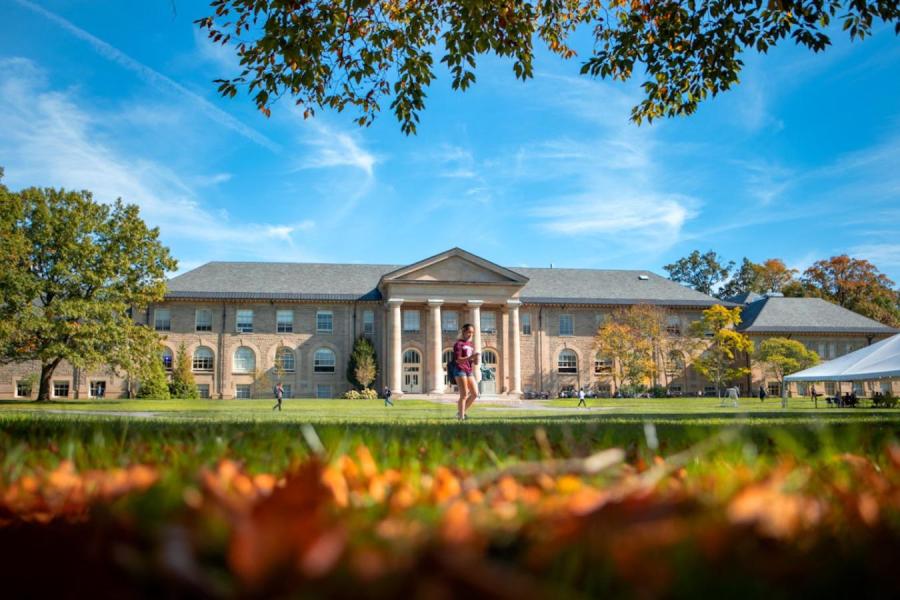 Student on quad in the fall