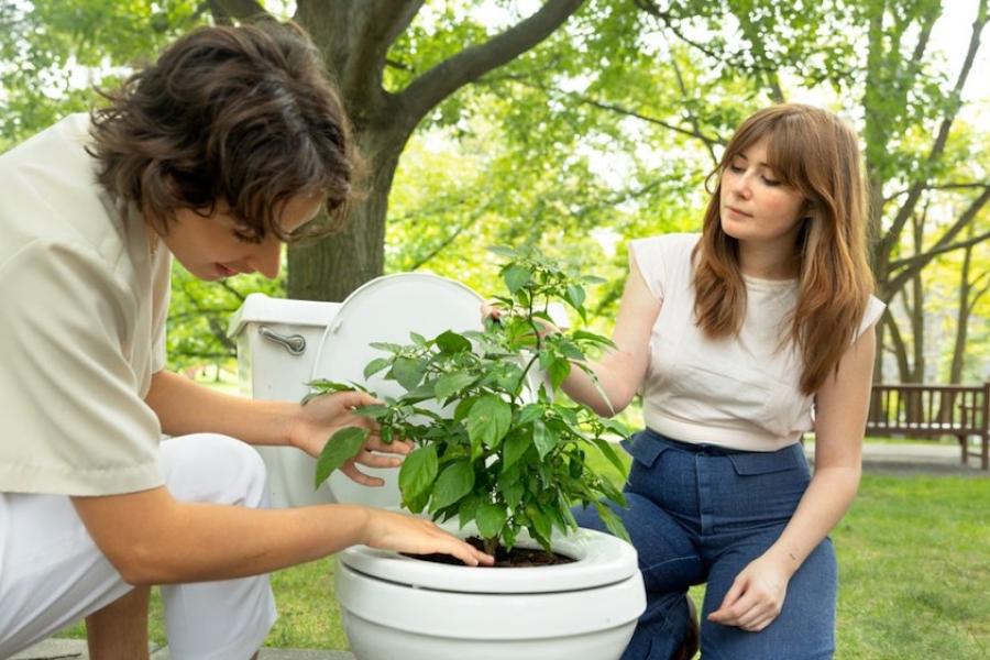 Two people kneel by a toilet, set outside, which is growing a plant from its bowl